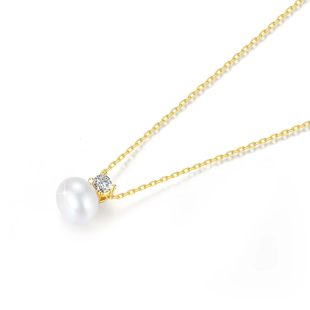 Elegant Craft Jewelry Freshwater Pearl Pendant Necklace – 18K Real Gold with Moissanite Accent