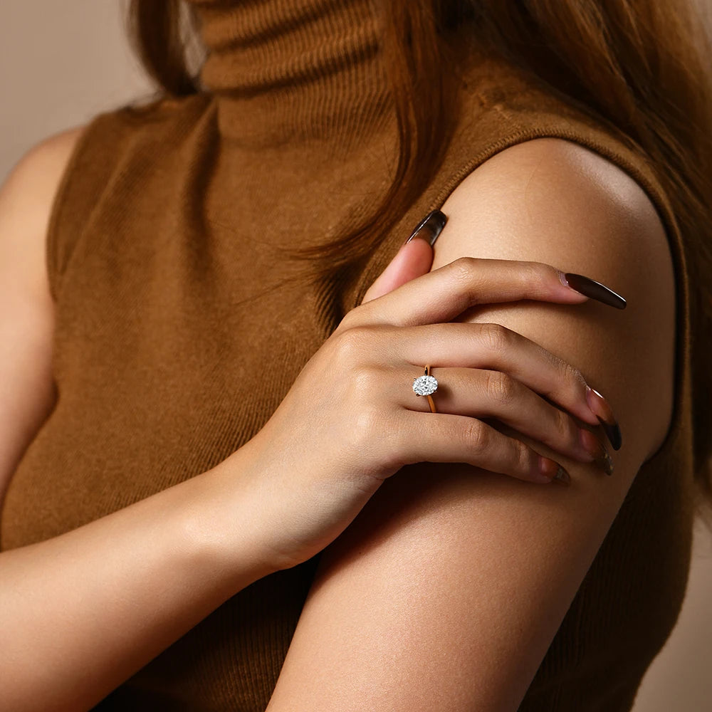 Women’s 2CT Oval Cut Moissanite Engagement Ring in 18K Gold Plated 925 Sterling Silver with Certificate