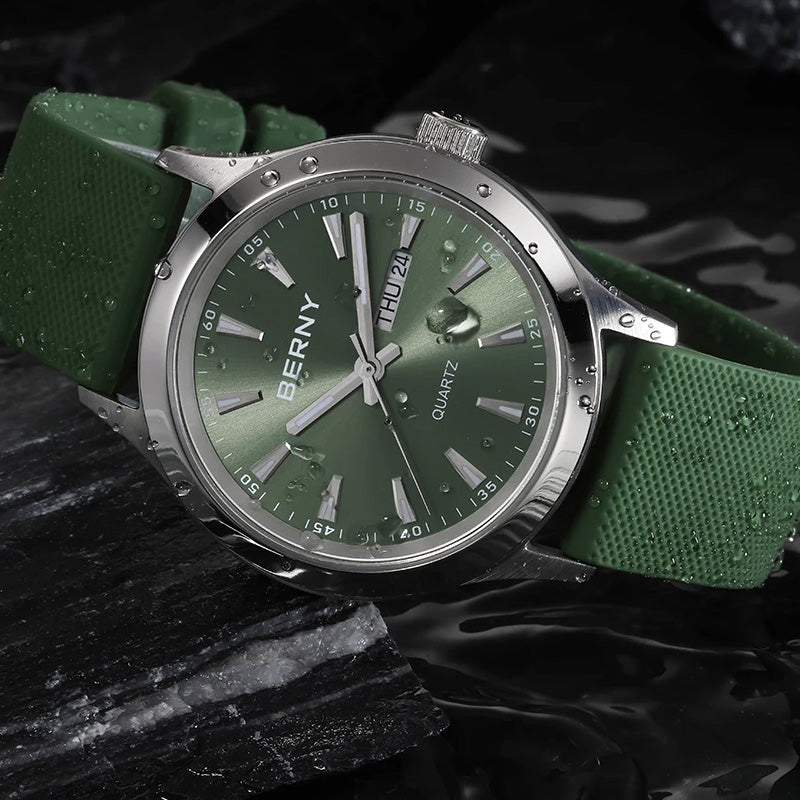 Reloj de Cuarzo para Hombre con Agujas Luminiscentes, Fecha y Día, Correa de Silicona Resistente al Agua