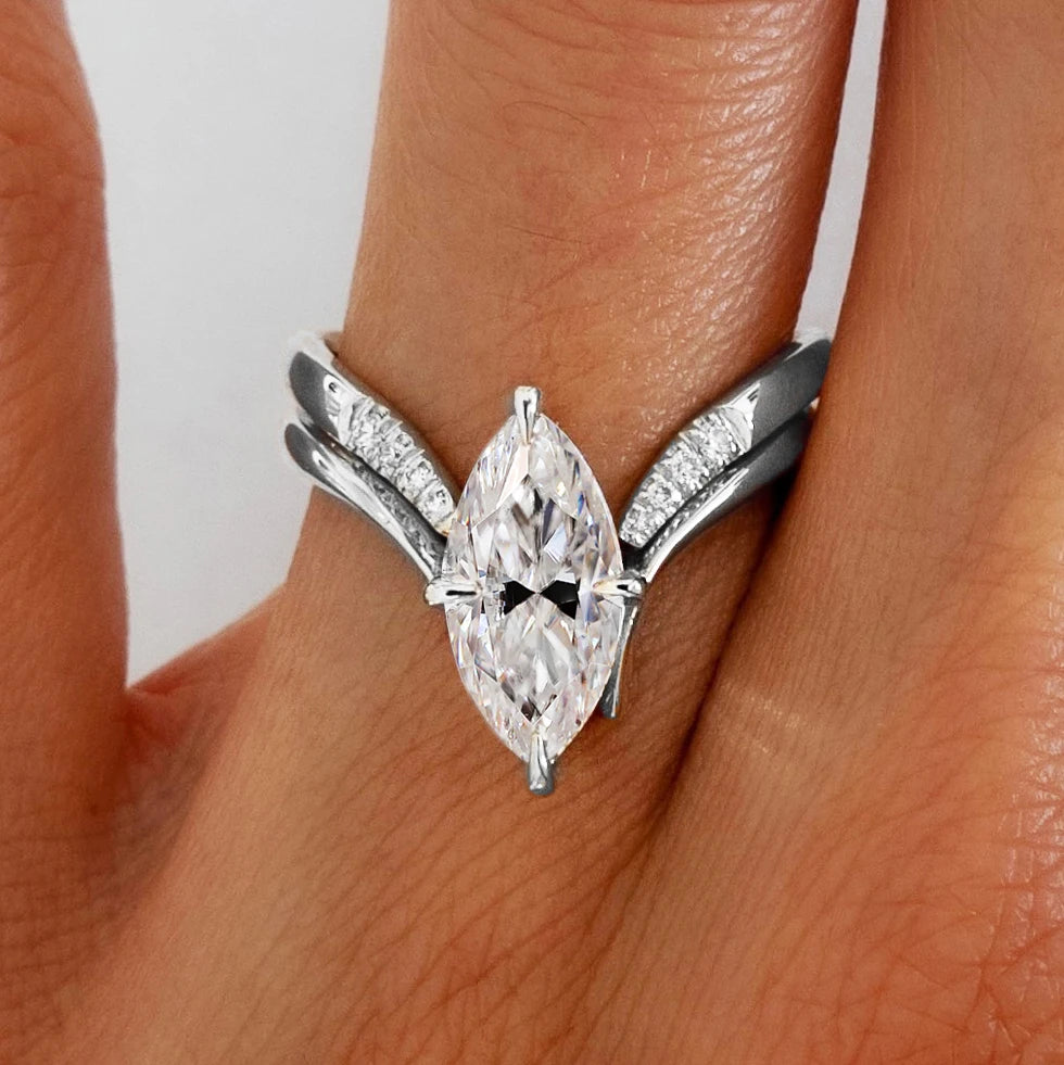 BXINY Marquise Cut Moissanite Ring Set – Triple Band Design 925 Sterling Silver with 18K Gold Plating