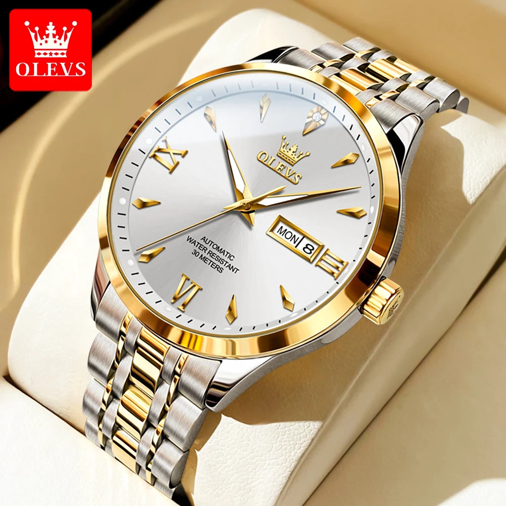 OLEVS 9956 Mens Watch Original Fashion Automatic Mechanical Watch For Man Waterproof Luminous Reloj Hombre Dual Calendar Display