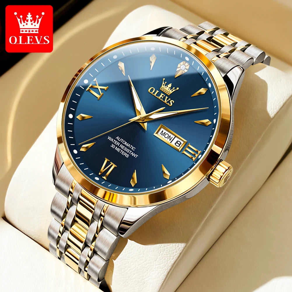 OLEVS 9956 Mens Watch Original Fashion Automatic Mechanical Watch For Man Waterproof Luminous Reloj Hombre Dual Calendar Display