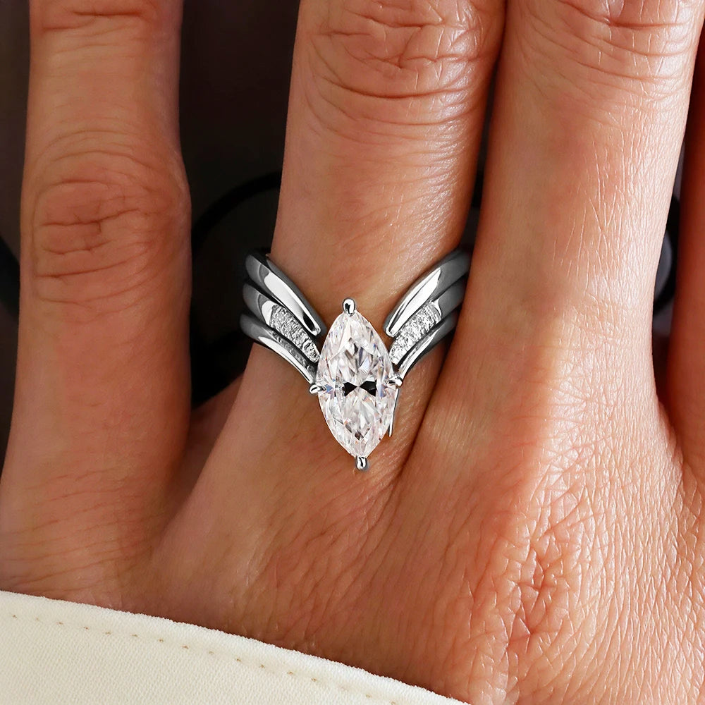 BXINY Marquise Cut Moissanite Ring Set – Triple Band Design 925 Sterling Silver with 18K Gold Plating