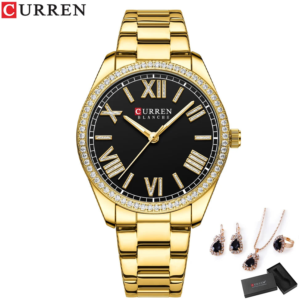 CURREN Women's Fashion Watch Gift Set with Rhinestone Bracelet, Ring, and Earrings
