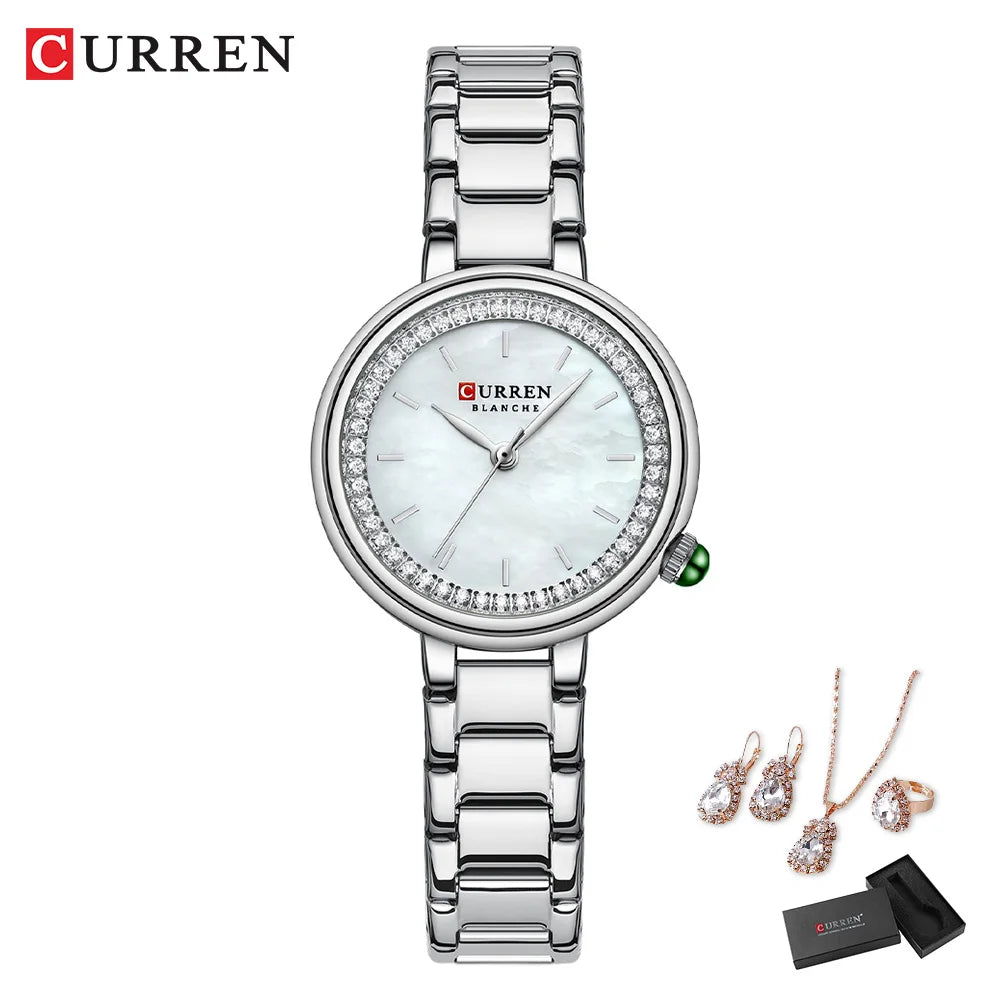 CURREN Women's Fashion Watch Gift Set with Rhinestone Bracelet, Ring, and Earrings
