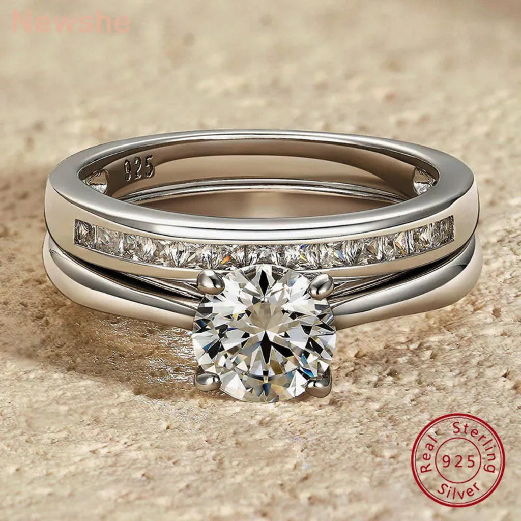 Newshe Solitaire Round Cubic Zirconia Engagement & Wedding Rings – 925 Sterling Silver, White & Yellow Gold Finish