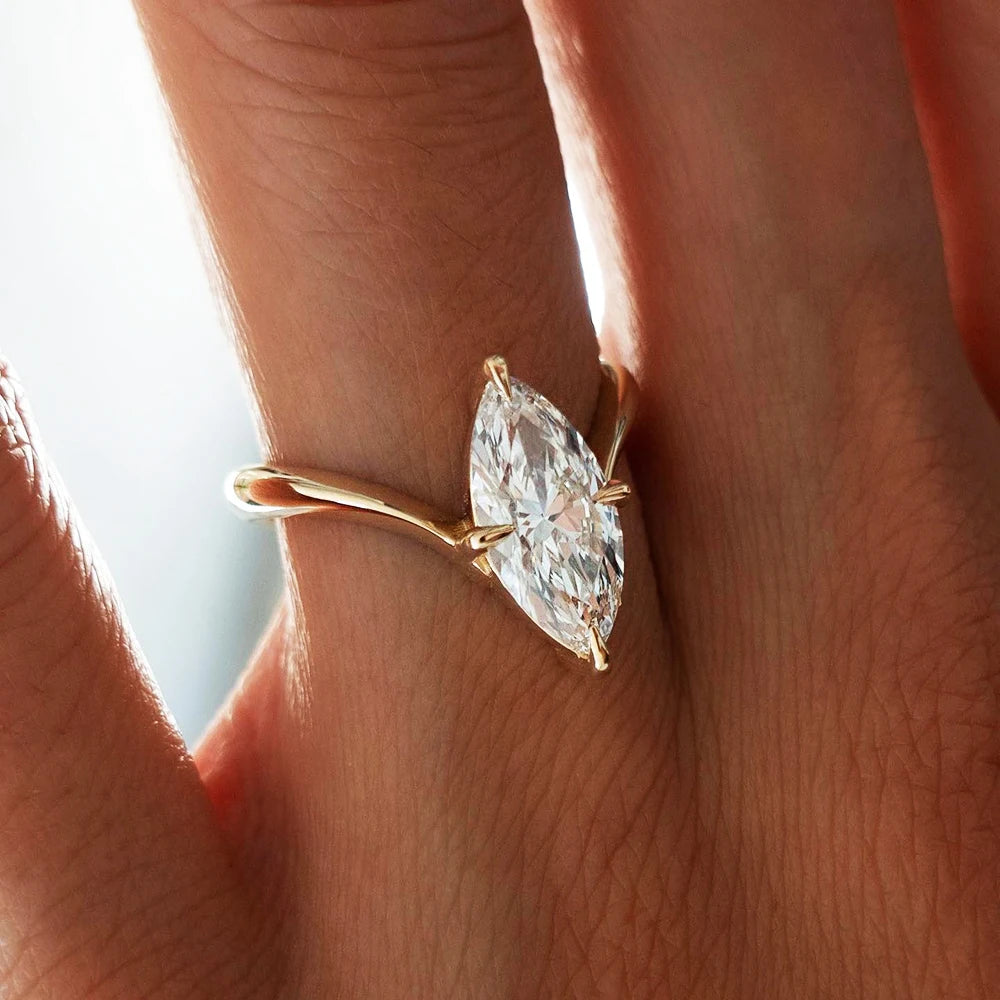 BXINY Marquise Cut Moissanite Solitaire Ring – 925 Silver & 18K Gold Plating Wedding Band