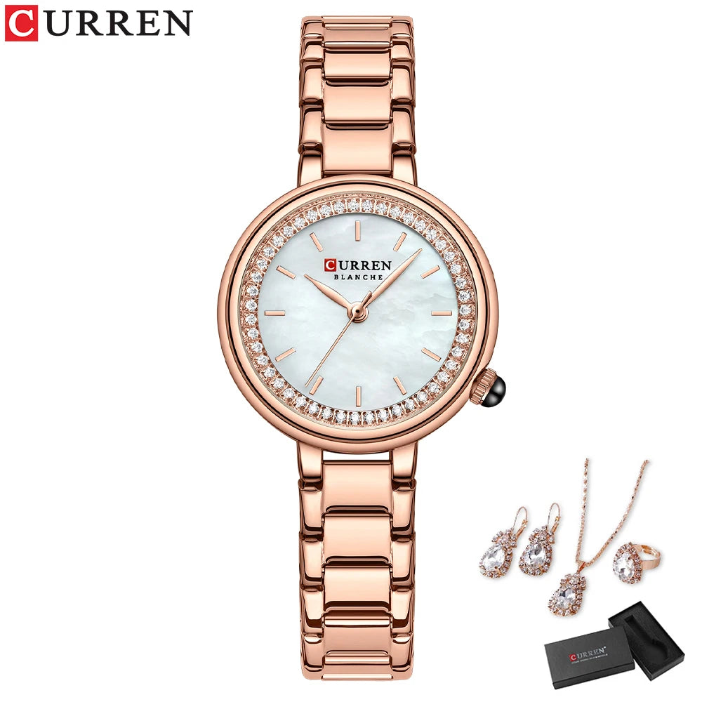 CURREN Women's Fashion Watch Gift Set with Rhinestone Bracelet, Ring, and Earrings