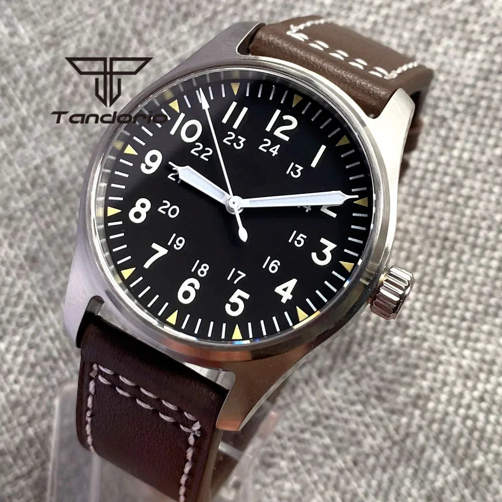 Tandorio 39mm NH35A 20bar Automatic Dive Pilot Men's Watches Sapphire Glass Green Luminous Dial Leather Strap Screw Crown