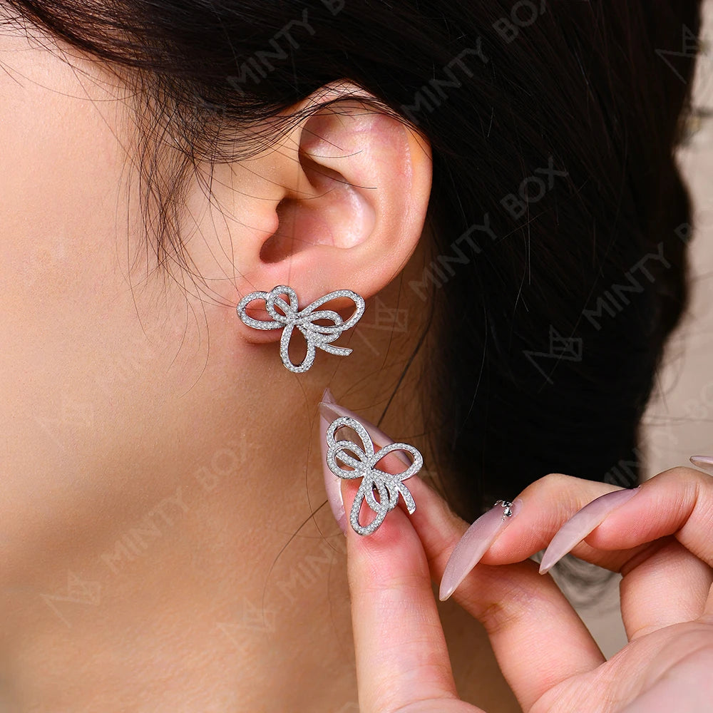 Women’s Moissanite Sterling Silver Bowknot Stud Earrings Luxury Engagement Jewelry