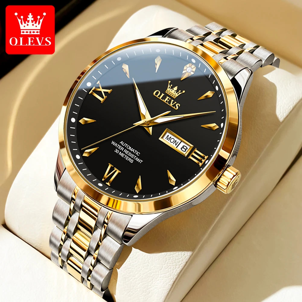 OLEVS 9956 Mens Watch Original Fashion Automatic Mechanical Watch For Man Waterproof Luminous Reloj Hombre Dual Calendar Display