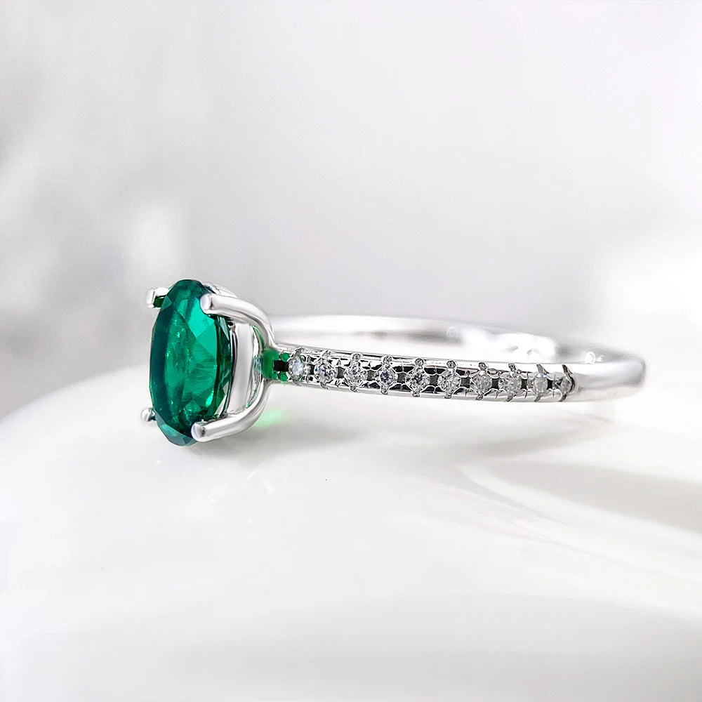 OEVAS 1ct Oval Lab-Grown Colombian Emerald Ring – Moissanite Accents, 925 Sterling Silver