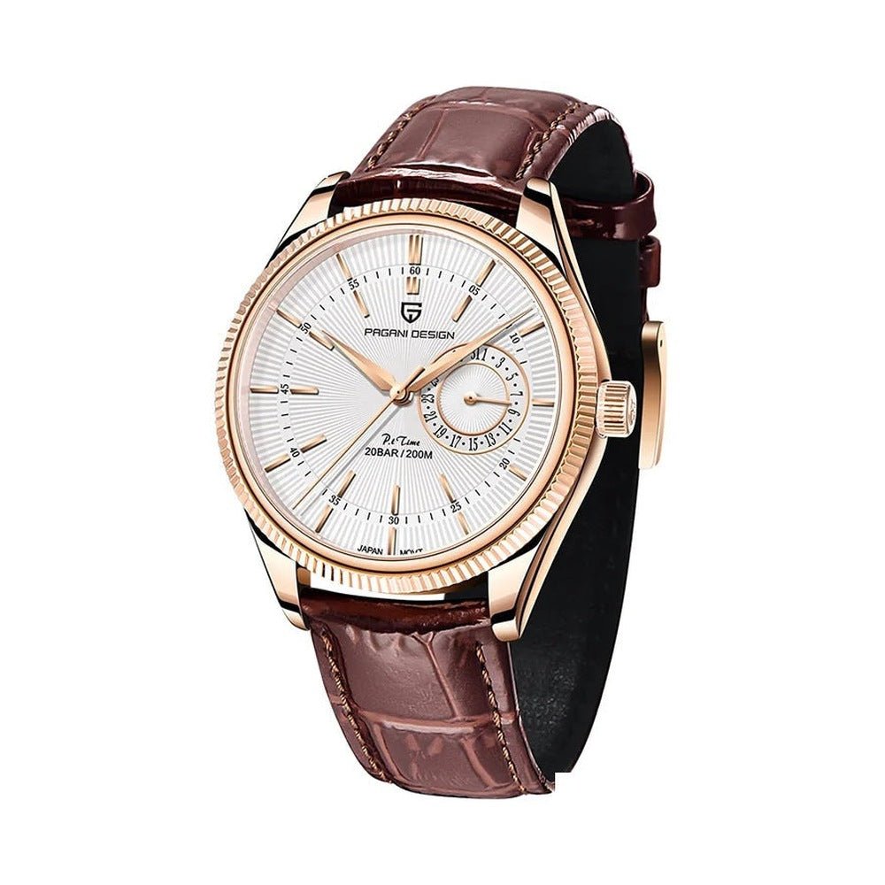 Sobrio, rose gold case, white dial, brown strap