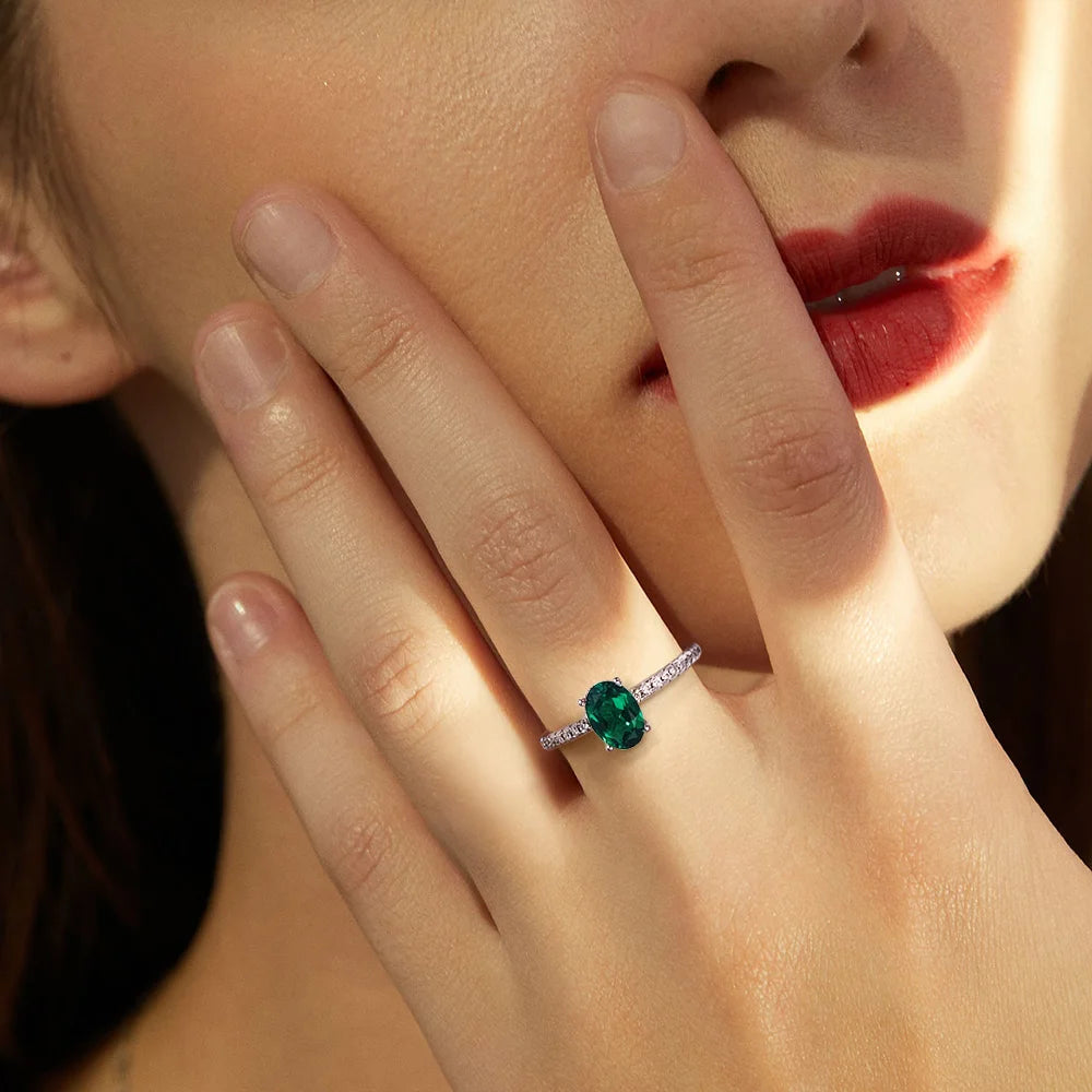 OEVAS 1ct Oval Lab-Grown Colombian Emerald Ring – Moissanite Accents, 925 Sterling Silver
