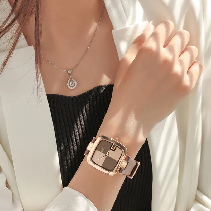 Women Slim Quartz Watch Square Alloy Case 36mm Leather Band Minimalist Water Resistant