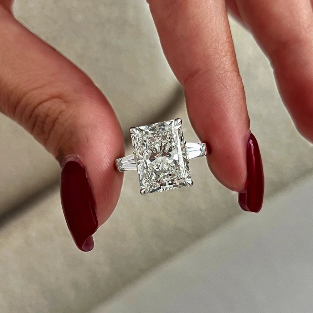 Radiant Cut Moissanite Engagement Ring Baguette Design in Sterling Silver Wedding Jewelry