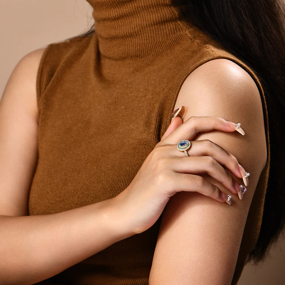 18K Gold Plated 925 Sterling Silver 1ct Blue Moissanite Oval Engagement Ring for Women