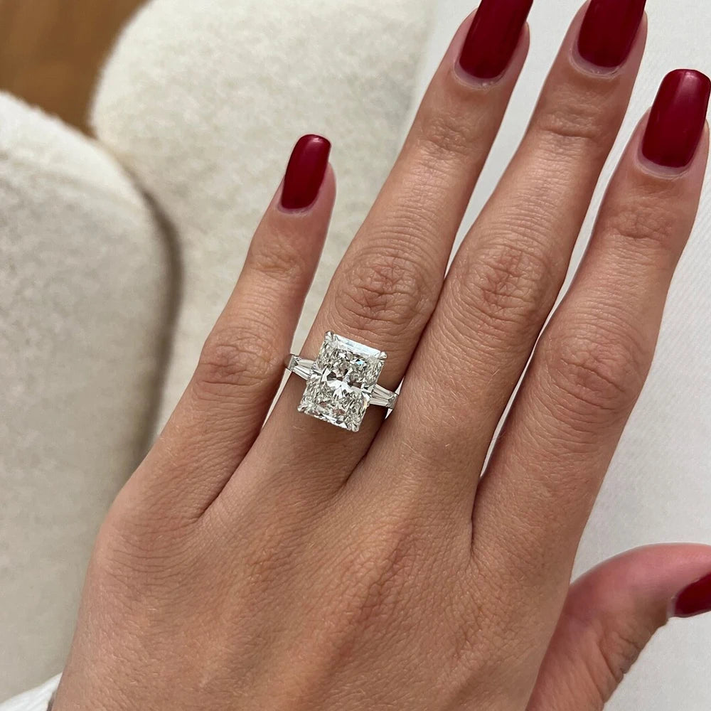Radiant Cut Moissanite Engagement Ring Baguette Design in Sterling Silver Wedding Jewelry
