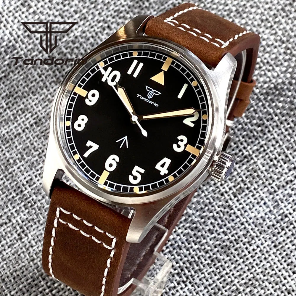 Tandorio 39mm NH35A 20bar Automatic Dive Pilot Men's Watches Sapphire Glass Green Luminous Dial Leather Strap Screw Crown