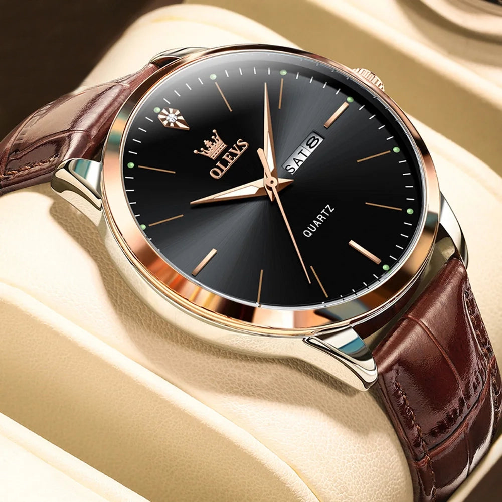 Men’s Quartz Watch 43mm Leather Strap Week Calendar Luminous Hardlex Water Resistant