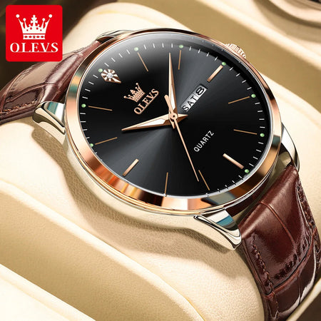 OLEVS Fashion Business Brand Original Men Watches Leather Strap Trend Week Calendar Quartz Watch Luminous Waterproof 43mm Dial - RoyElite