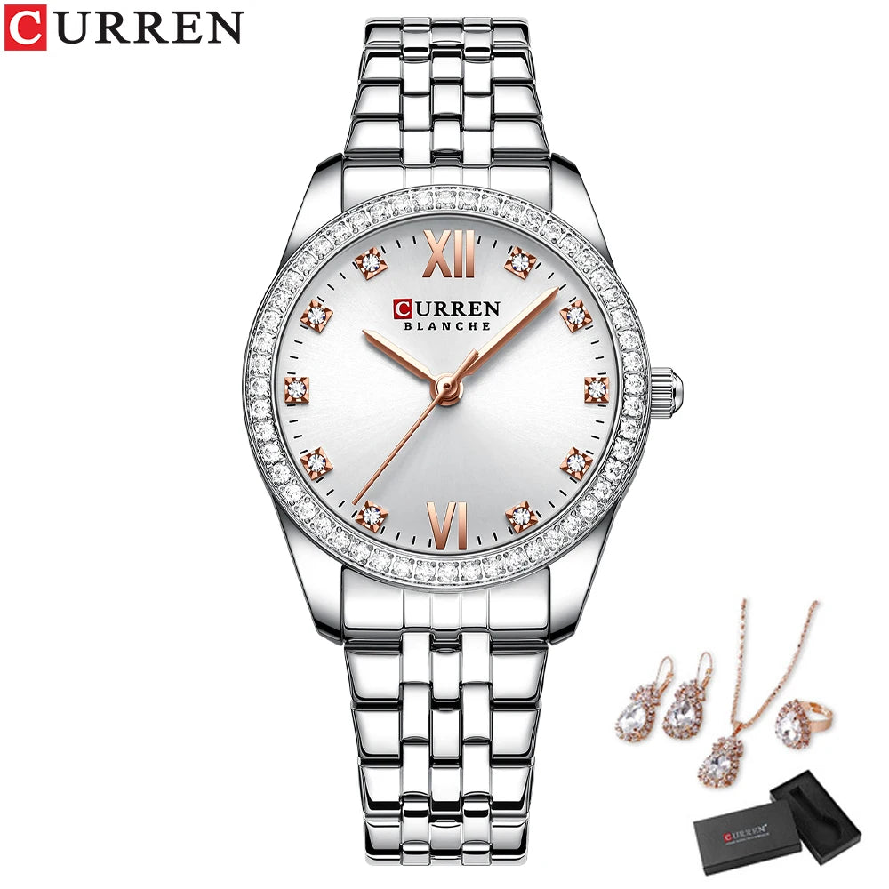 CURREN Women's Fashion Watch Gift Set with Rhinestone Bracelet, Ring, and Earrings