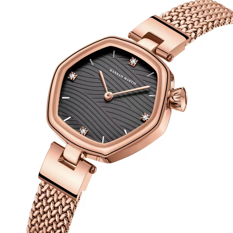 Women's Rose Gold Quartz Watch 30mm Oval Alloy Case Steel Mesh Band 3ATM Water Resistant
