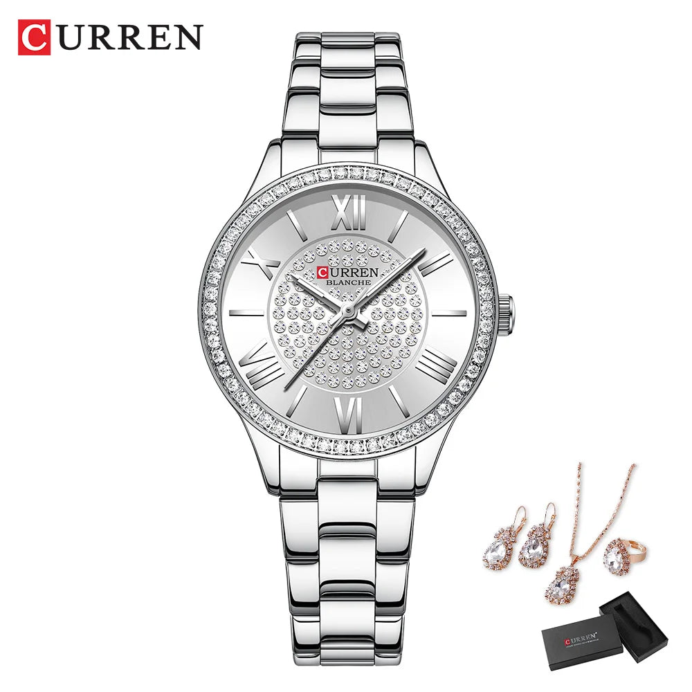 CURREN Women's Fashion Watch Gift Set with Rhinestone Bracelet, Ring, and Earrings