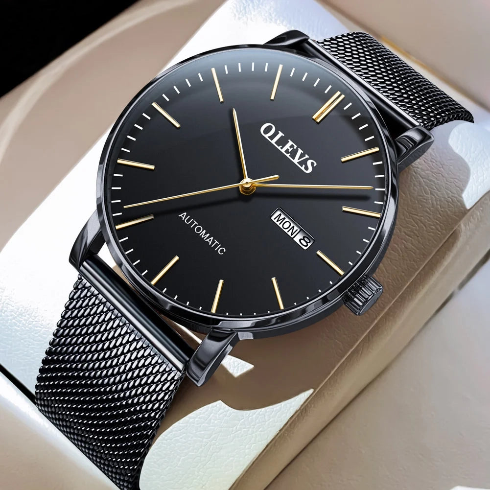 Men’s Minimalist Automatic Watch 11mm Black Dial Rose Gold Mesh Strap Day Date Water Resistant