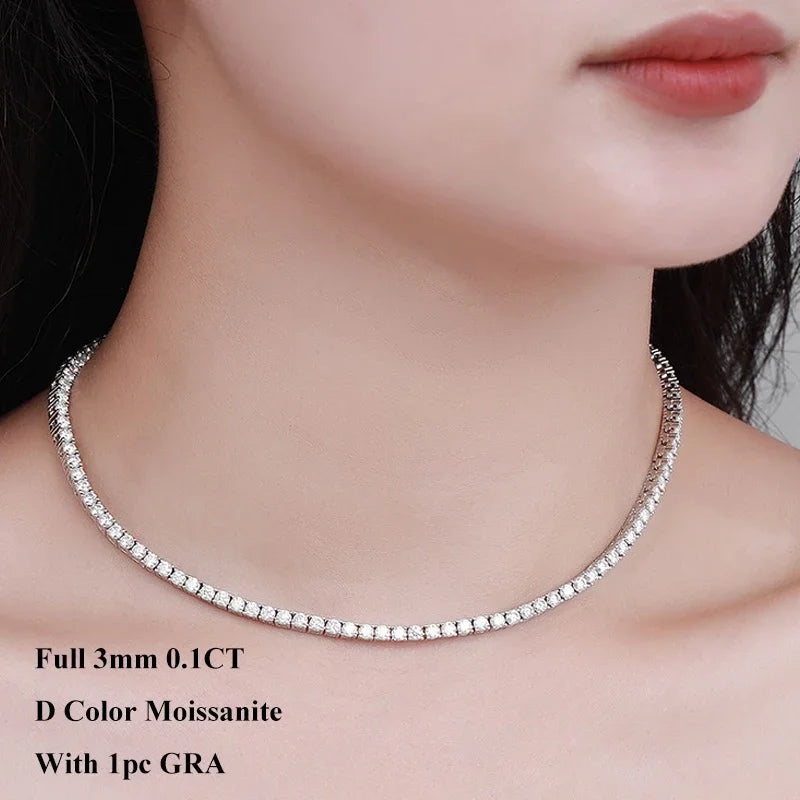 Women’s Moissanite Tennis Necklace D Color S925 Silver Sparkling Diamond Chain
