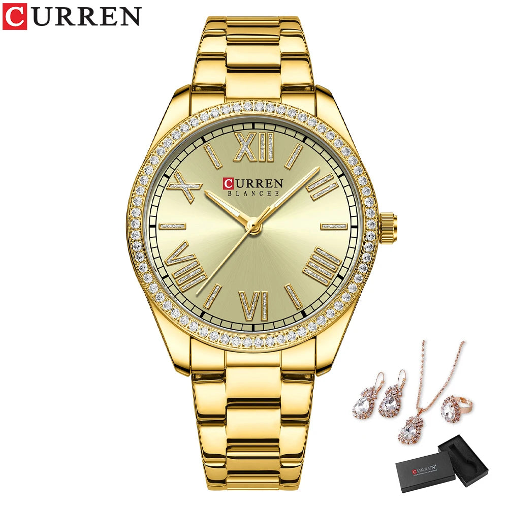 CURREN Women's Fashion Watch Gift Set with Rhinestone Bracelet, Ring, and Earrings