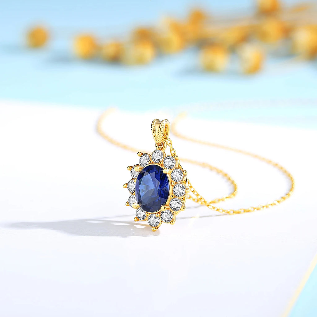 Szjinao Real Blue Corundum 18K Gold Necklace – Princess Kate Oval Pendant with Diamonds