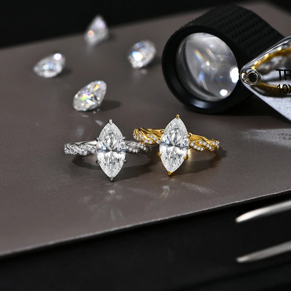 18K White Gold Plated 925 Sterling Silver 3ct Marquise Cut Moissanite Engagement Ring