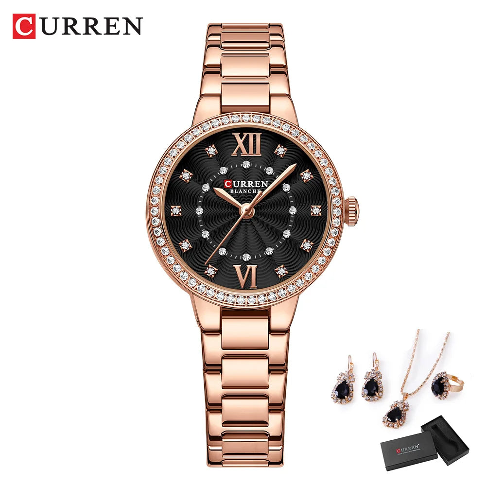 CURREN Women's Fashion Watch Gift Set with Rhinestone Bracelet, Ring, and Earrings