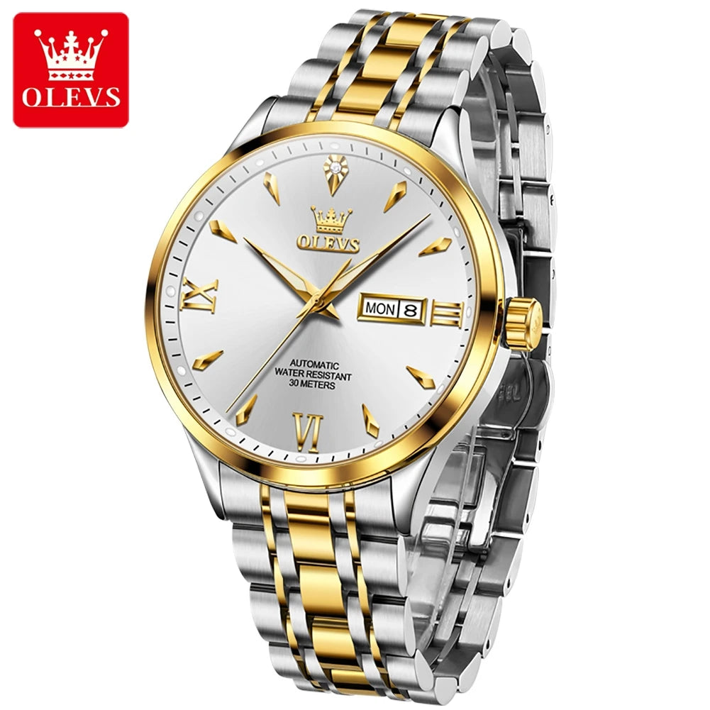 OLEVS 9956 Mens Watch Original Fashion Automatic Mechanical Watch For Man Waterproof Luminous Reloj Hombre Dual Calendar Display