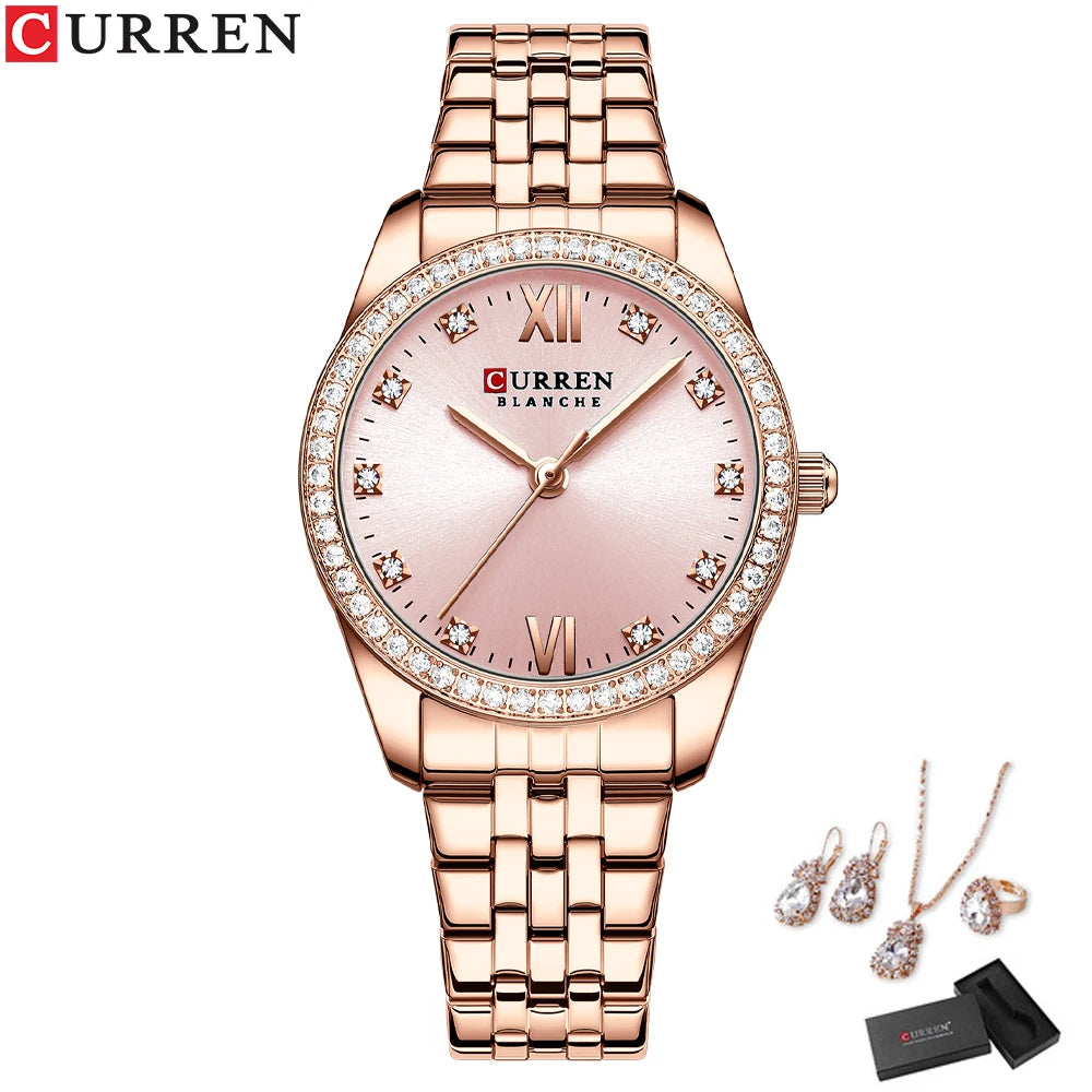 CURREN Women's Fashion Watch Gift Set with Rhinestone Bracelet, Ring, and Earrings