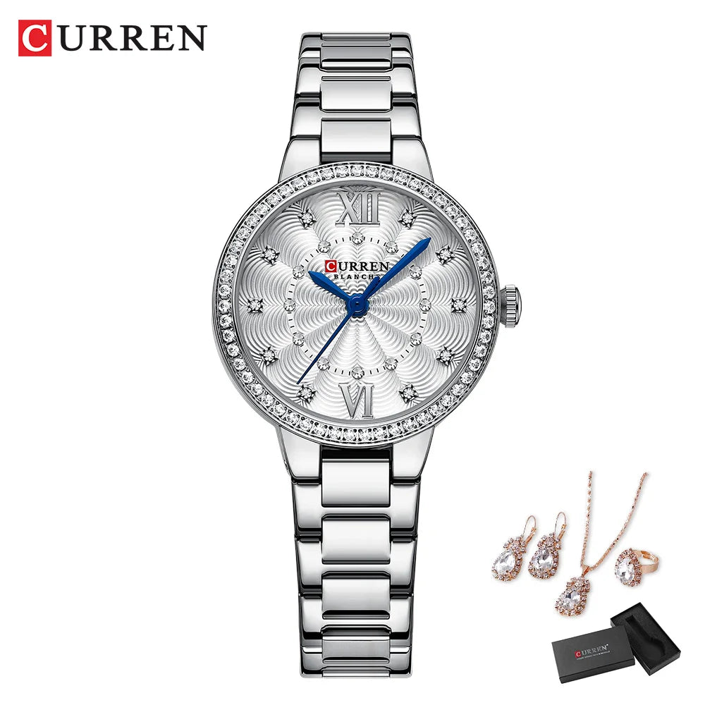 CURREN Women's Fashion Watch Gift Set with Rhinestone Bracelet, Ring, and Earrings