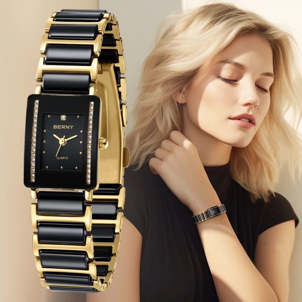 Reloj de Cuarzo Cerámico Rectangular Dorado – Elegancia BERNY