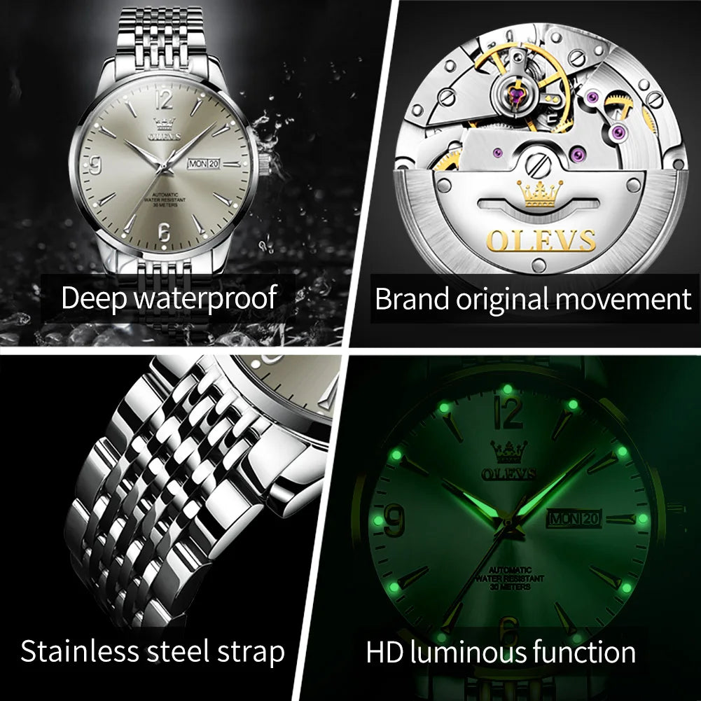 OLEVS 9928 Men's Watch Original Men's Automatic Mechanical Watch Luxury Stainless Steel Waterproof Luminous Date Clock Men Watch