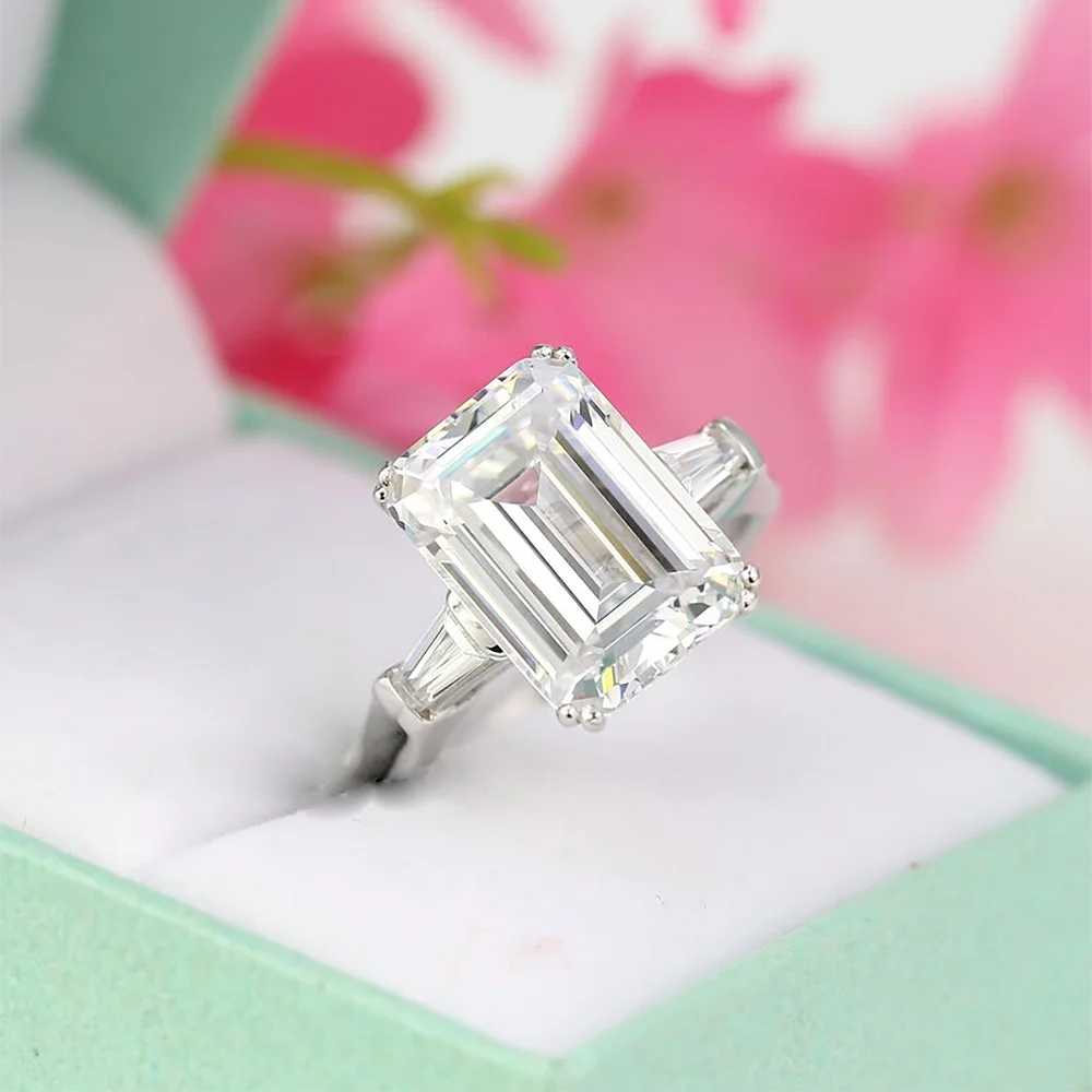 Radiant Cut Moissanite Engagement Ring Baguette Design in Sterling Silver Wedding Jewelry