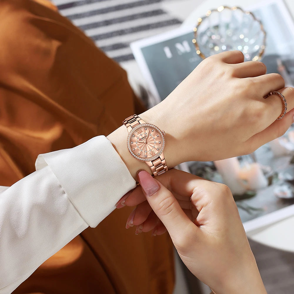 CURREN Women's Fashion Watch Gift Set with Rhinestone Bracelet, Ring, and Earrings