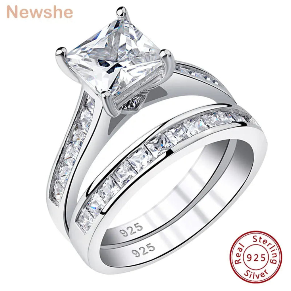 Newshe Classic 2-Piece Wedding Ring Set – 7x7mm Princess Cut AAAAA Zircon in 925 Sterling Silver