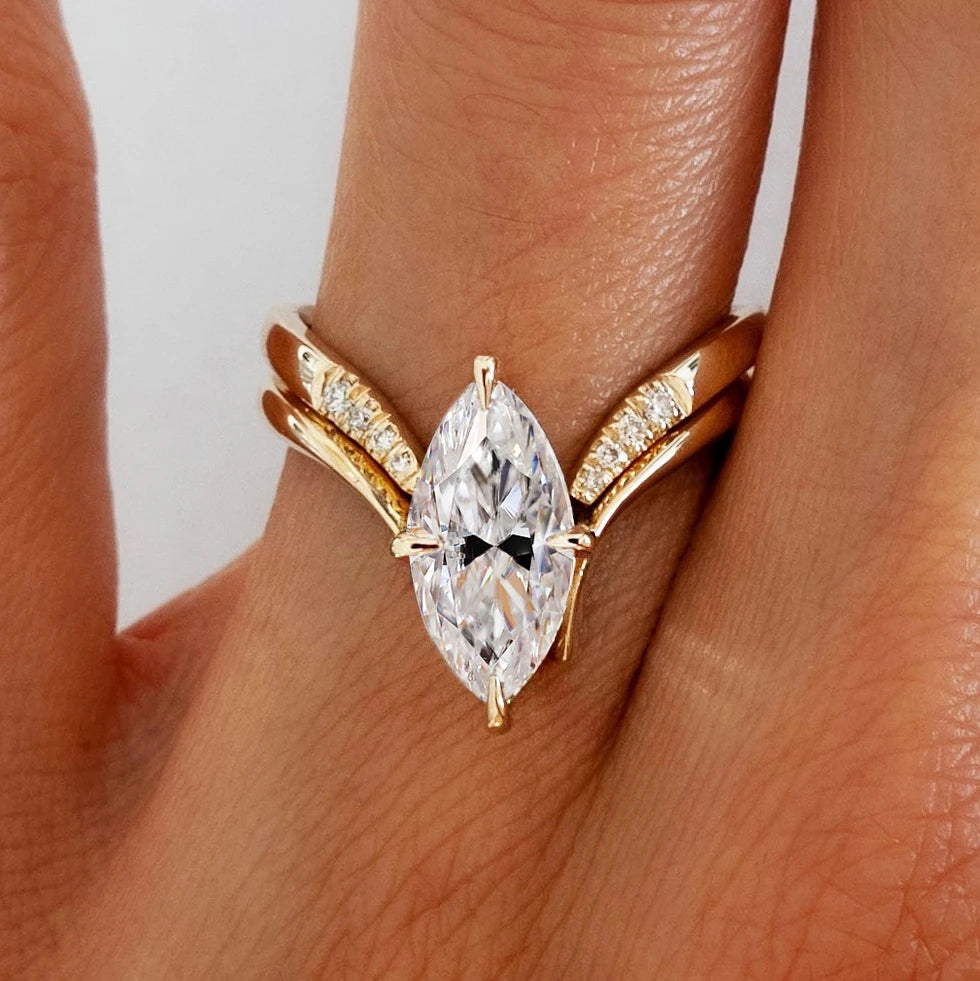 BXINY Marquise Cut Moissanite Ring Set – Triple Band Design 925 Sterling Silver with 18K Gold Plating