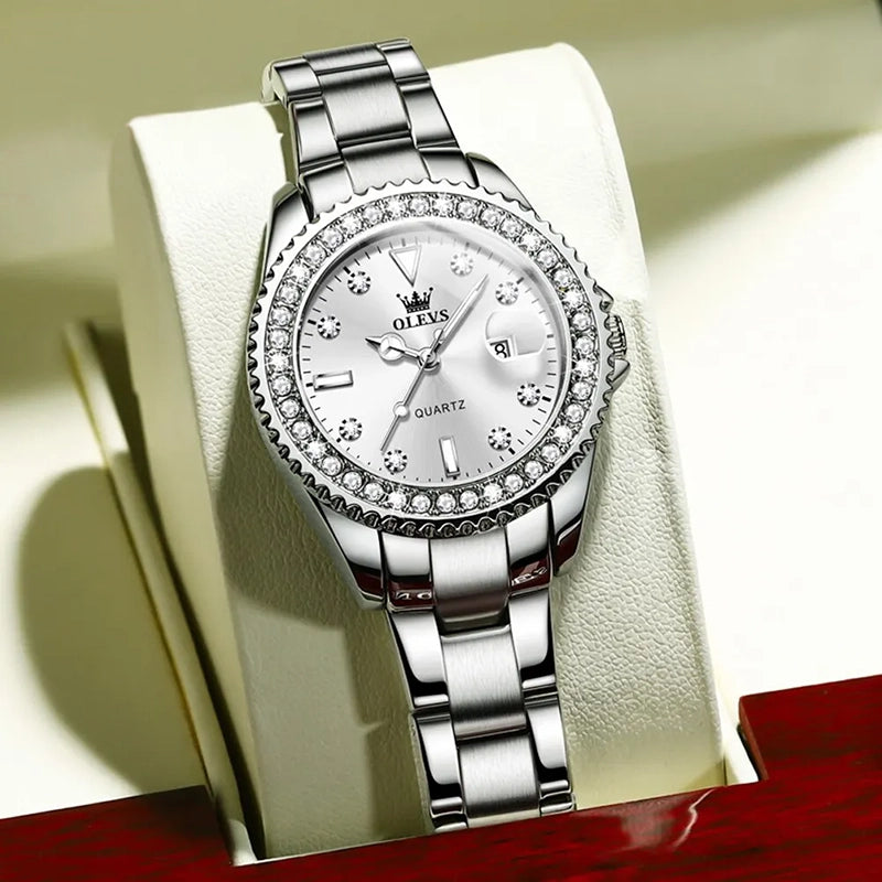 Women’s Quartz Watch Diamond Dial Luminous Hands Complete Calendar Stainless Steel