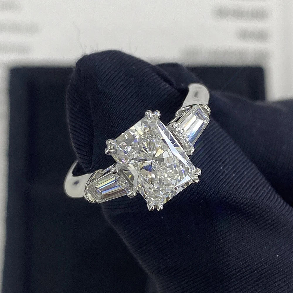 Radiant Cut Moissanite Engagement Ring Baguette Design in Sterling Silver Wedding Jewelry