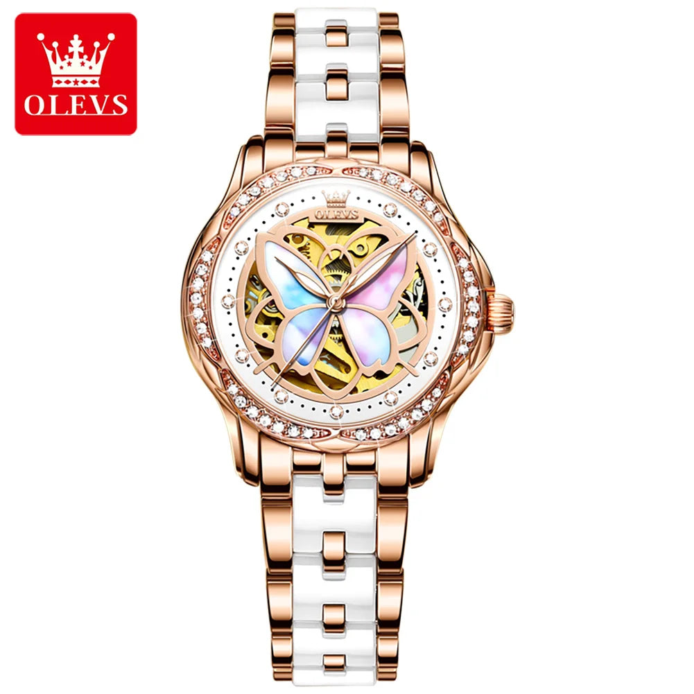 OLEVS 6615 Womens Watch Original Bezel Ceramic Mechanical Automatic Wristwatch Waterproof Luminous Ladies Watch Butterfly Dial