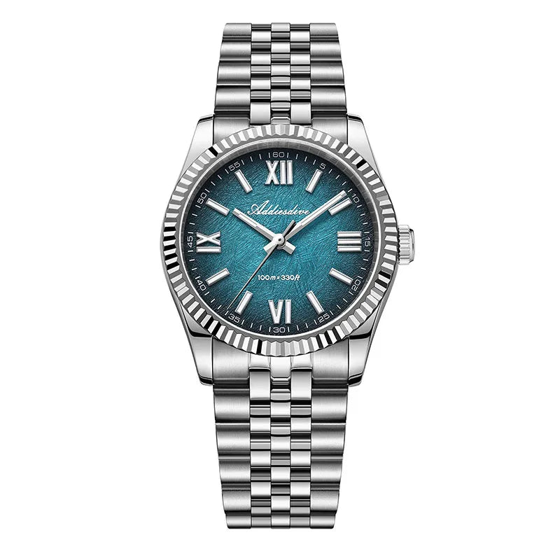Reloj Calma con esfera azul y brazalete de acero, vista frontal