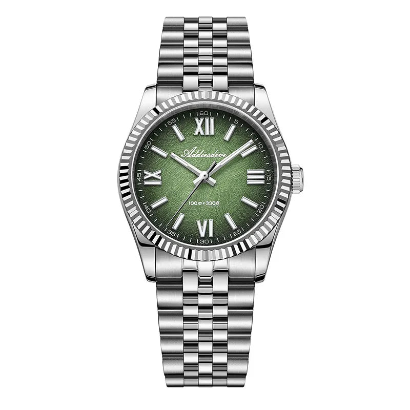 Reloj Calma con esfera verde y brazalete de acero, vista frontal