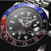 GMT automatic watch, steel bracelet, luminous dial, shown in motion — RoyElite