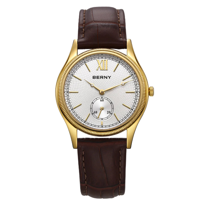 BERNY Classic Quartz Dress Watch for Men | Leather Strap with Ultra-Thin Gold Case and Miyota Movement